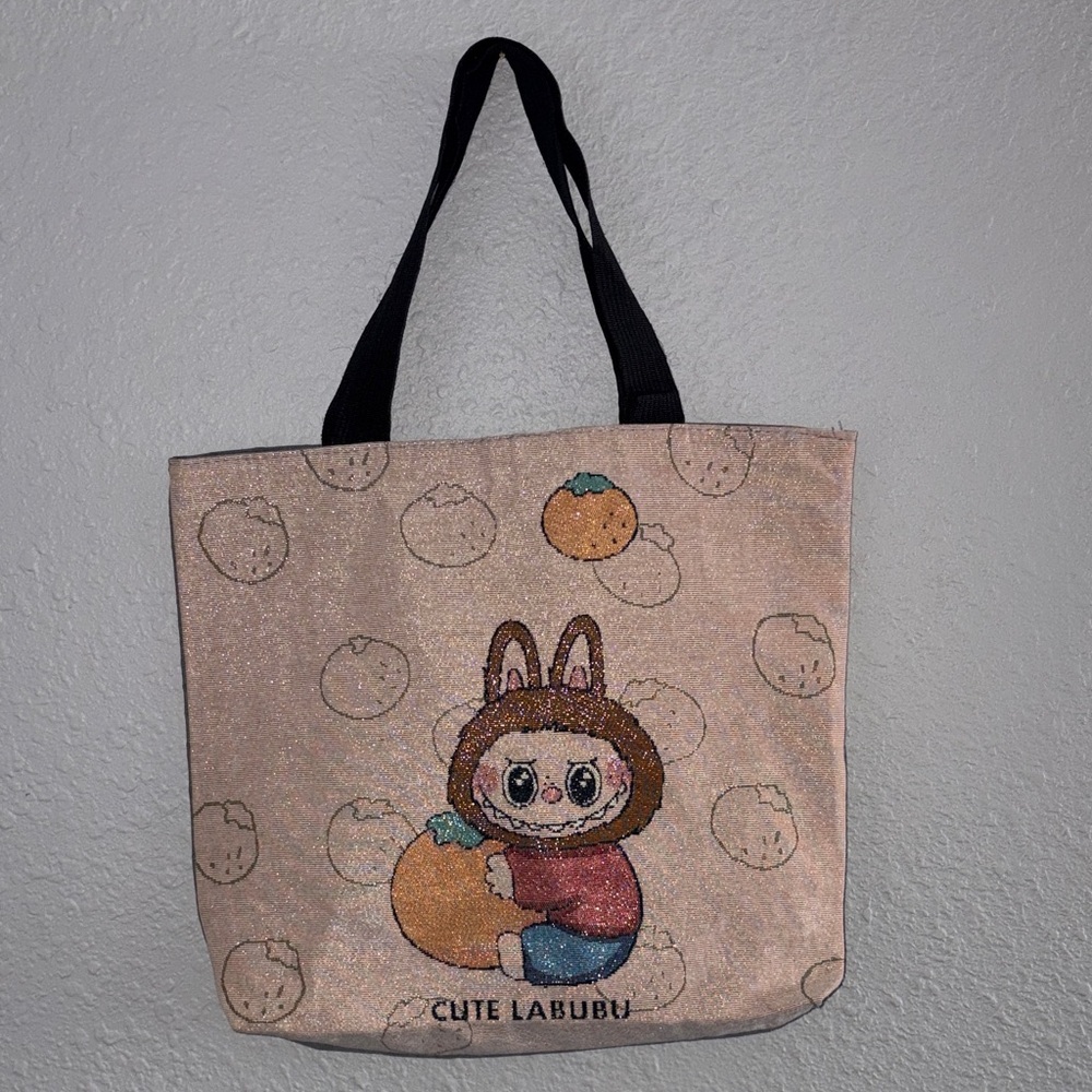 Cute Labubu Pink Glitter Tote Bag with Character Print